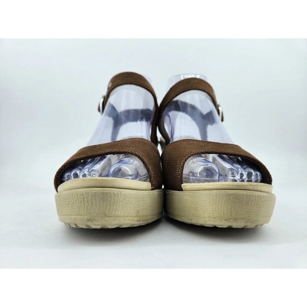 Crocs Hanalei Wedge Sandals Womens 7 Brown Canvas Ankle Strap Platform Peep Toe - Picture 2 of 12